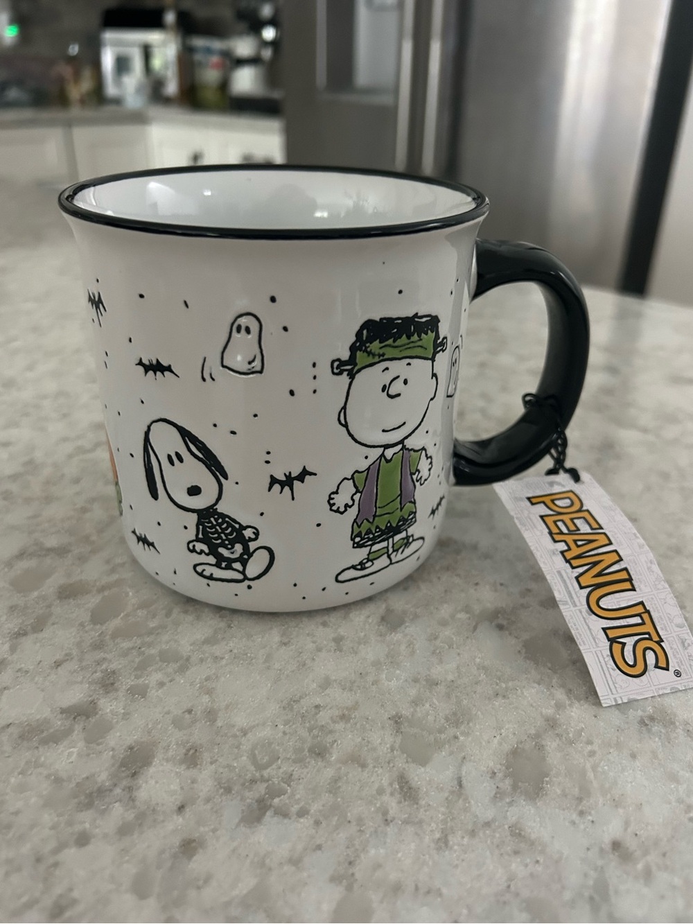 “New” Peanuts White & Black Halloween Mug with Green & Orange Accents